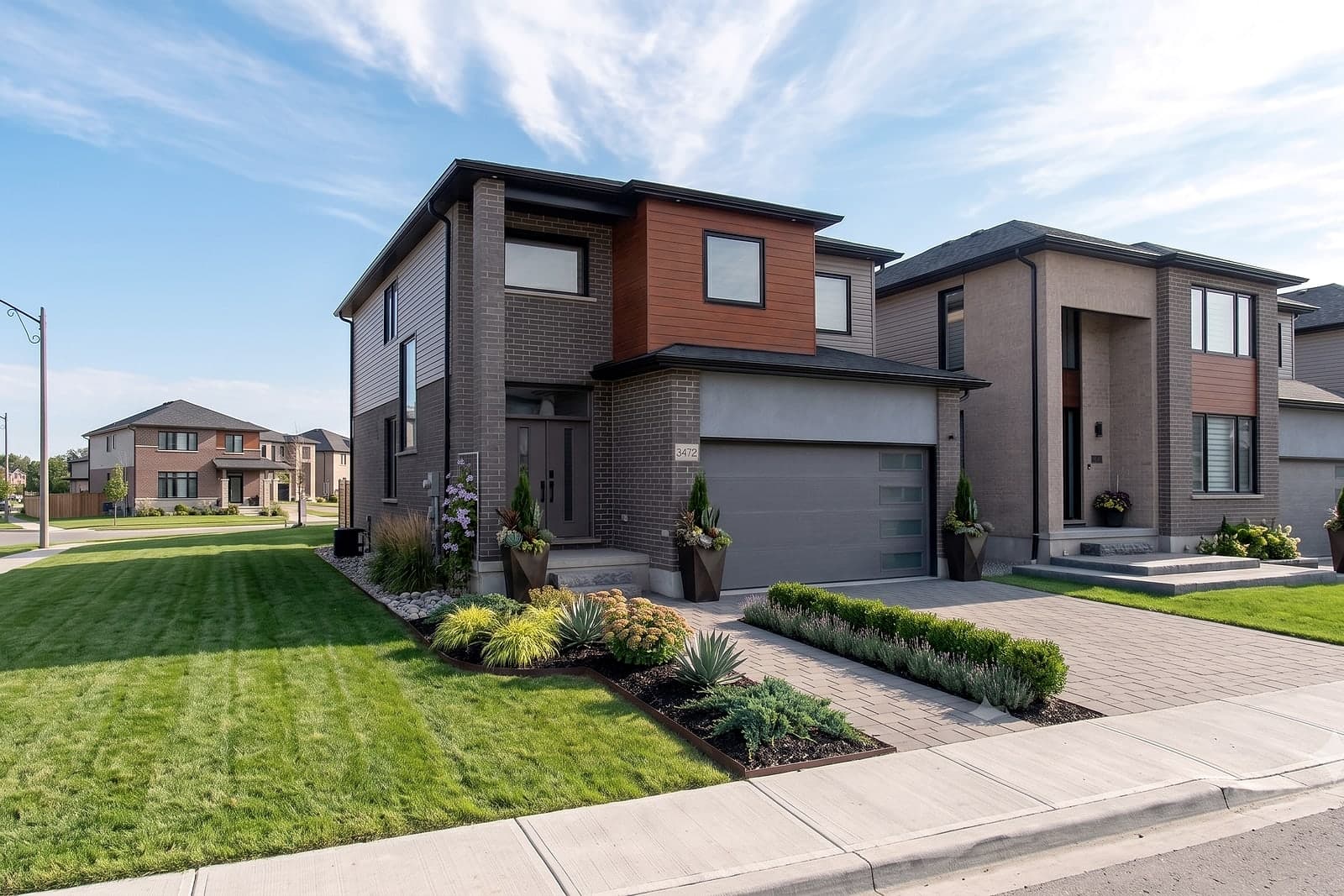The Emily Carr — a modern two-storey custom home with brick, board, and warm wood accents in London, Ontario
