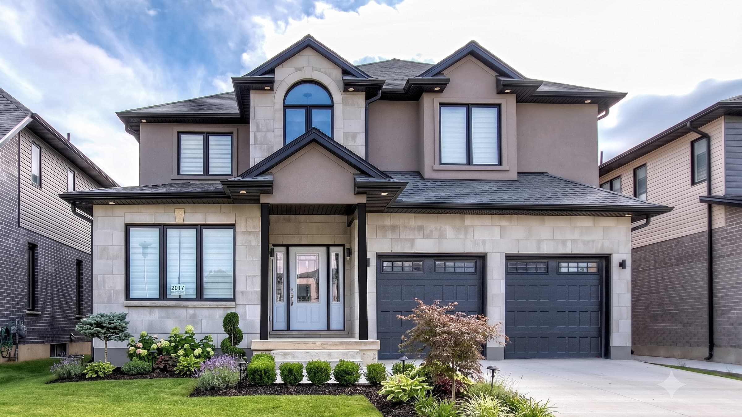 A completed Black Cedar home at Foxwood Crossings, London Ontario — stone-and-stucco two-storey with mature landscaping