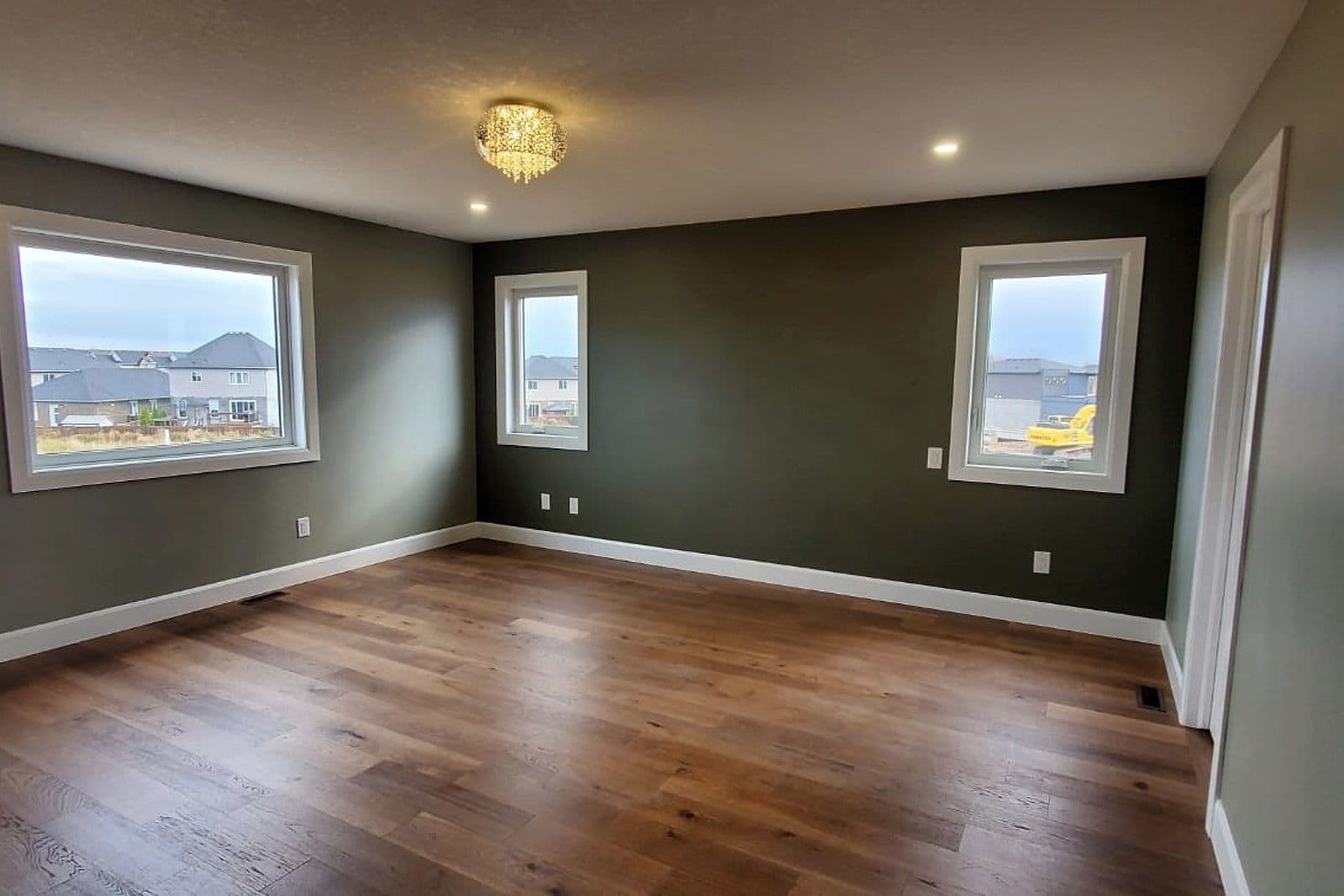 Bright room with a green feature wall and neighbourhood views